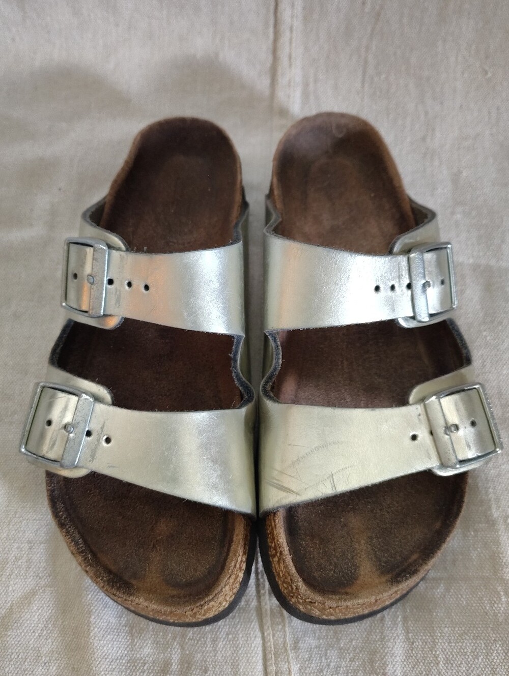 Birkenstock Arizona Metallic Silver Double Strap Sandals Sz 36 / US 5-5.5